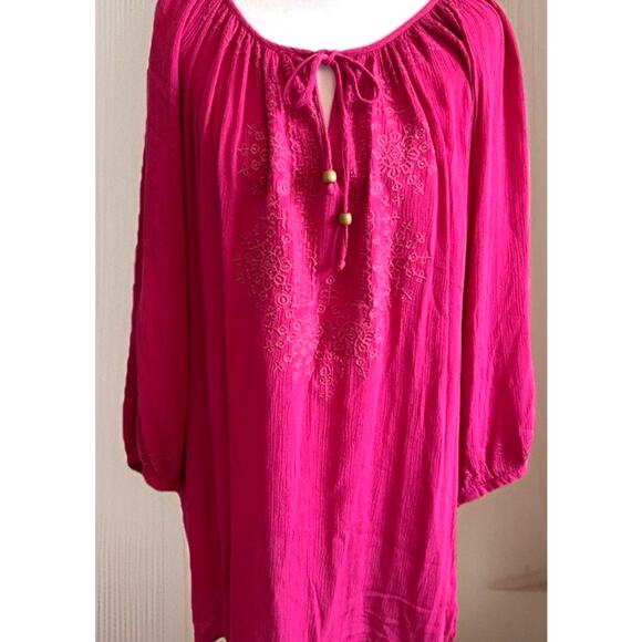 C & C Womens Pink Blouse 1X Tunic Embroidery BOHO Lightweight Resort 3/4 Sleeve - Picture 1 of 13